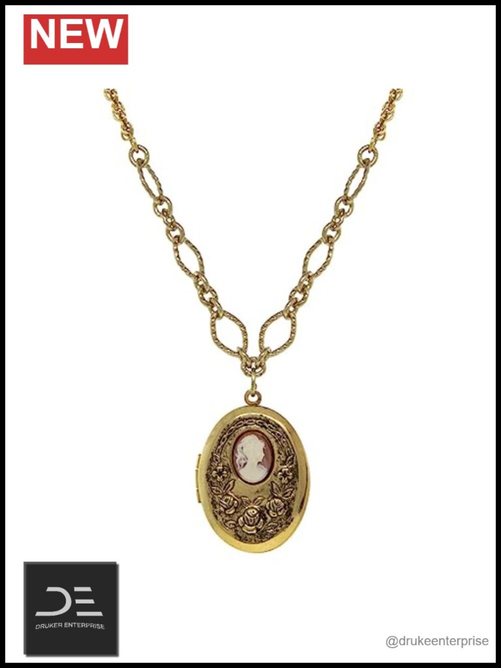 Vintage Style Oval Cameo Locket Necklace With Floral Etching 16 Inch